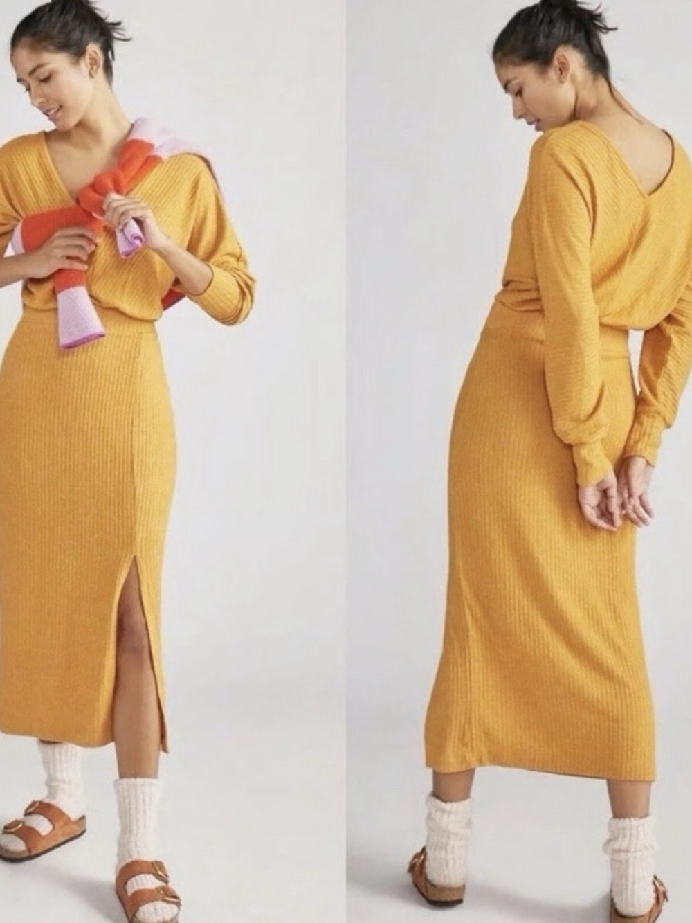 Anthropologie Daily Practice Barre Mustard Ribbed Knit Midi Sweater Dress XL